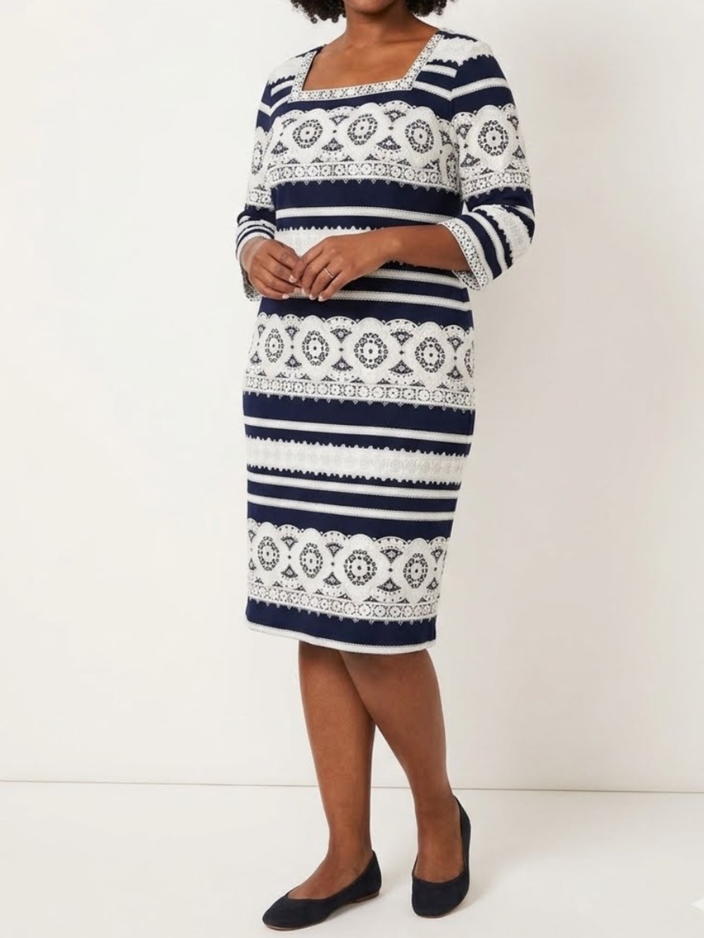 SANDRA DARREN Stretch Jersey Embroidered Stripe Dress Square Neck Size 18W